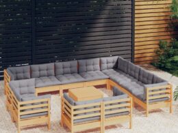 vidaXL 13 Piece Patio Lounge Set with Gray Cushions Solid Pinewood