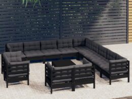 vidaXL 14 Piece Patio Lounge Set with Cushions Black Solid Pinewood