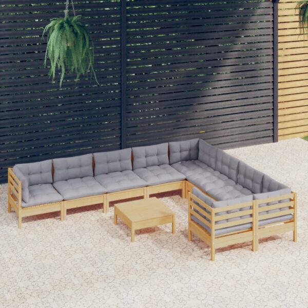 vidaXL 10 Piece Patio Lounge Set with Gray Cushions Pinewood