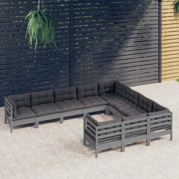 vidaXL 10 Piece Patio Lounge Set with Cushions Gray Pinewood