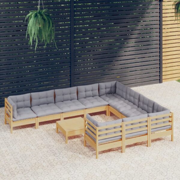 vidaXL 11 Piece Patio Lounge Set with Gray Cushions Pinewood