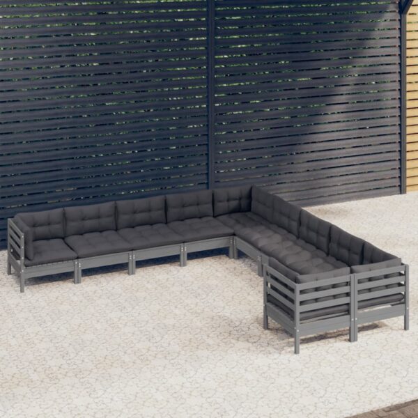 vidaXL 10 Piece Patio Lounge Set with Cushions Gray Pinewood