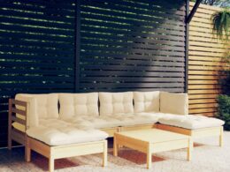 vidaXL 7 Piece Patio Lounge Set with Cream Cushions Pinewood