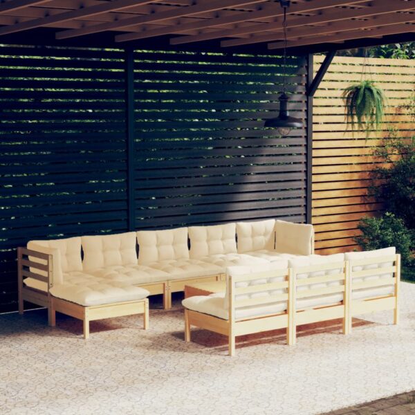 vidaXL 11 Piece Patio Lounge Set with Cream Cushions Pinewood