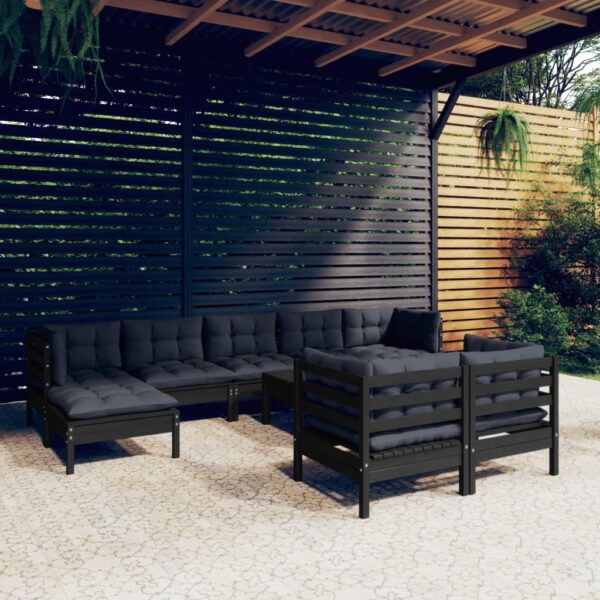 vidaXL 10 Piece Patio Lounge Set with Cushions Black Solid Pinewood