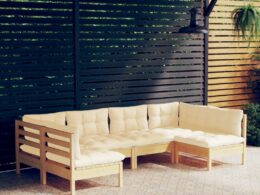 vidaXL 6 Piece Patio Lounge Set with Cream Cushions Solid Pinewood