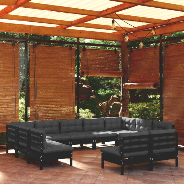 vidaXL 11 Piece Patio Lounge Set with Cushions Black Solid Pinewood