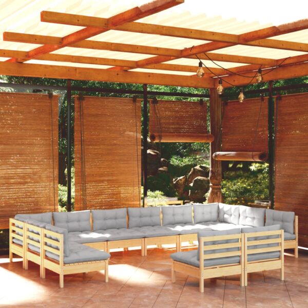 vidaXL 12 Piece Patio Lounge Set with Gray Cushions Solid Pinewood