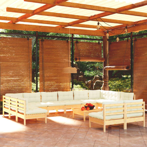 vidaXL 13 Piece Patio Lounge Set with Cream Cushions Solid Pinewood