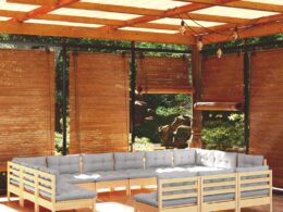 vidaXL 13 Piece Patio Lounge Set with Gray Cushions Solid Pinewood