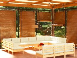 vidaXL 14 Piece Patio Lounge Set with Cream Cushions Solid Pinewood