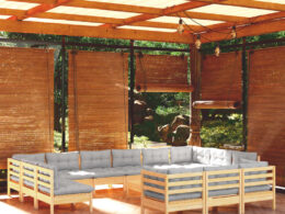 vidaXL 14 Piece Patio Lounge Set with Gray Cushions Pinewood