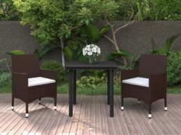 vidaXL 3 Piece Patio Dining Set with Cushions Poly Rattan and Glass