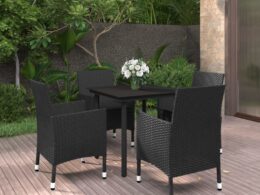 vidaXL 5 Piece Patio Dining Set with Cushions Poly Rattan and Glass