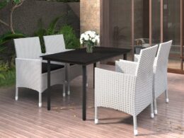 vidaXL 5 Piece Patio Dining Set with Cushions Poly Rattan and Glass