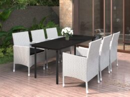vidaXL 7 Piece Patio Dining Set with Cushions Poly Rattan and Glass