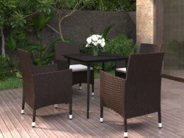 vidaXL 5 Piece Patio Dining Set with Cushions Poly Rattan and Glass