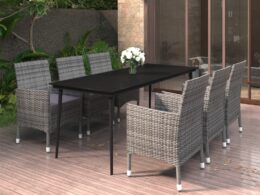 vidaXL 7 Piece Patio Dining Set with Cushions Poly Rattan and Glass