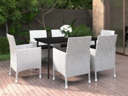vidaXL 7 Piece Patio Dining Set with Cushions Poly Rattan and Glass
