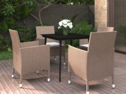 vidaXL 5 Piece Patio Dining Set with Cushions Poly Rattan and Glass