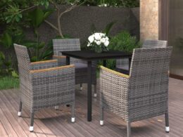 vidaXL 5 Piece Patio Dining Set with Cushions Poly Rattan and Glass