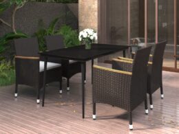 vidaXL 5 Piece Patio Dining Set with Cushions Poly Rattan and Glass