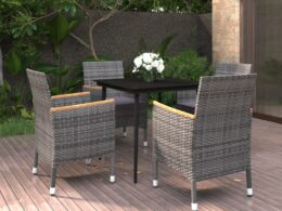 vidaXL 5 Piece Patio Dining Set with Cushions Poly Rattan and Glass