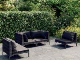 vidaXL 4 Piece Patio Lounge Set with Cushions Poly Rattan Dark Gray