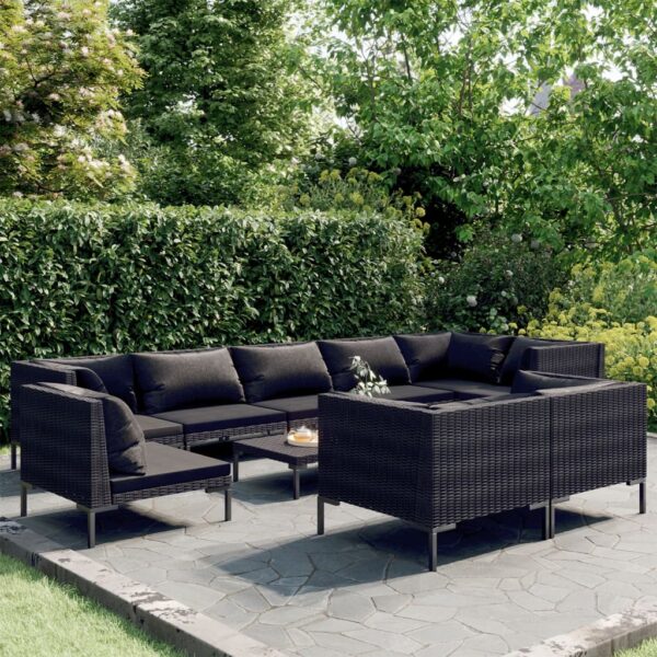 vidaXL 10 Piece Patio Lounge Set with Cushions Poly Rattan Dark Gray