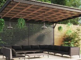vidaXL 12 Piece Patio Lounge Set with Cushions Poly Rattan Dark Gray