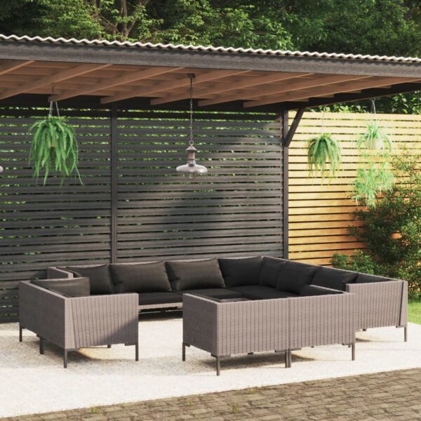 vidaXL 11 Piece Patio Lounge Set with Cushions Poly Rattan Dark Gray