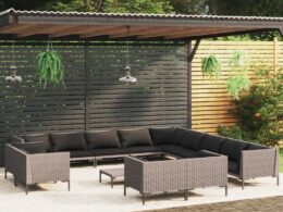 vidaXL 14 Piece Patio Lounge Set with Cushions Poly Rattan Dark Gray