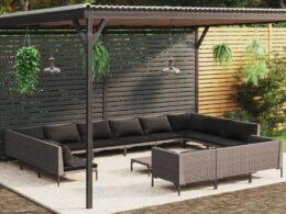 vidaXL 14 Piece Patio Lounge Set with Cushions Poly Rattan Dark Gray