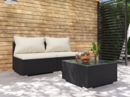 vidaXL Patio Furniture Set 3 Piece with Cushions Poly Rattan Black