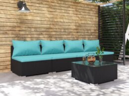 vidaXL Patio Furniture Set 5 Piece with Cushions Poly Rattan Black