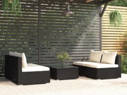 vidaXL 5 Piece Patio Lounge Set with Cushions Poly Rattan Black