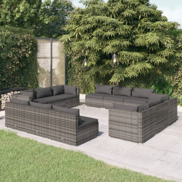 vidaXL 12 Piece Patio Lounge Set with Cushions Poly Rattan Gray