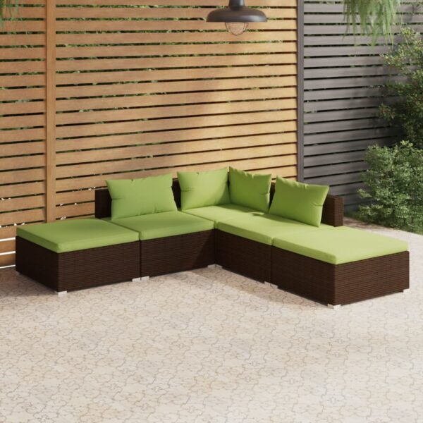 vidaXL 5 Piece Patio Lounge Set with Cushions Poly Rattan Brown