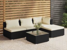 vidaXL 5 Piece Garden Lounge Set with Cushions Poly Rattan Black