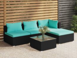 vidaXL 5 Piece Patio Lounge Set with Cushions Poly Rattan Black