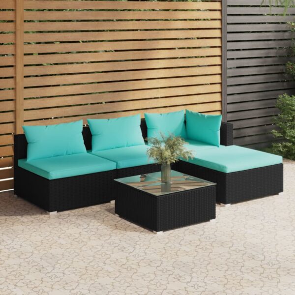 vidaXL 5 Piece Patio Lounge Set with Cushions Poly Rattan Black