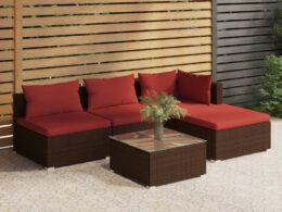 vidaXL 5 Piece Patio Lounge Set with Cushions Poly Rattan Brown