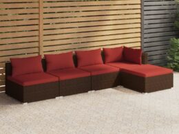 vidaXL 5 Piece Patio Lounge Set with Cushions Poly Rattan Brown