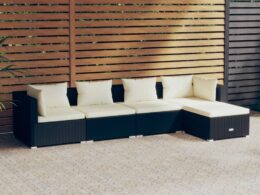 vidaXL 5 Piece Patio Lounge Set with Cushions Poly Rattan Black
