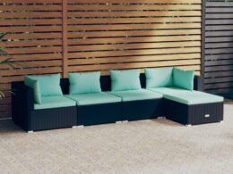 vidaXL 5 Piece Patio Lounge Set with Cushions Poly Rattan Black