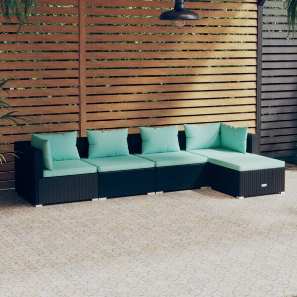 vidaXL 5 Piece Patio Lounge Set with Cushions Poly Rattan Black