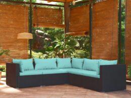 vidaXL 5 Piece Patio Lounge Set with Cushions Poly Rattan Black
