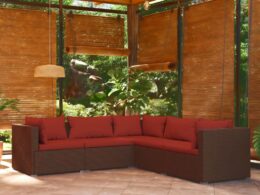 vidaXL 5 Piece Patio Lounge Set with Cushions Poly Rattan Brown