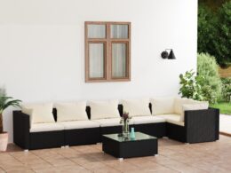 vidaXL 7 Piece Patio Lounge Set with Cushions Poly Rattan Black