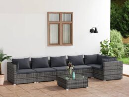 vidaXL 7 Piece Patio Lounge Set with Cushions Poly Rattan Gray